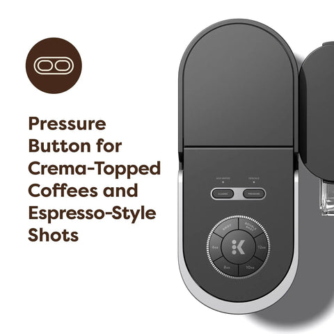 Top view of Crema Ready Single Serve Coffee Maker With Pressure Infusion For Rich Crema And Espresso Style Shots, controls visible