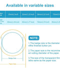 Badge size guide for Total Game Changer 200 Piece 1.25 Inch Button Maker Supplies showing dimensions for button and paper sizes.