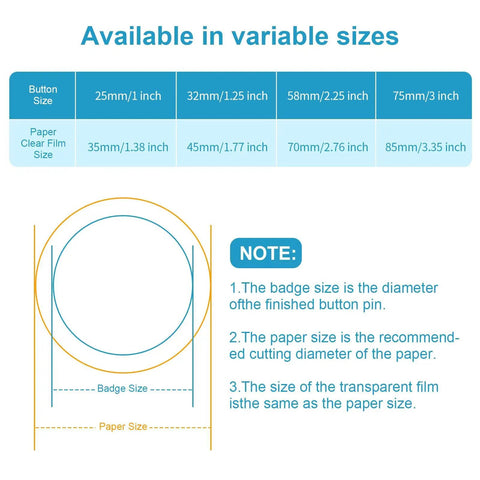 Badge size guide for Total Game Changer 200 Piece 1.25 Inch Button Maker Supplies showing dimensions for button and paper sizes.