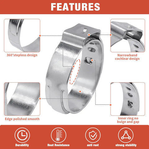 Big 300Pcs 16 Size Single Ear Hose Clamps Set Stainless Steel 304 Crimp Cinch Rings features close-up