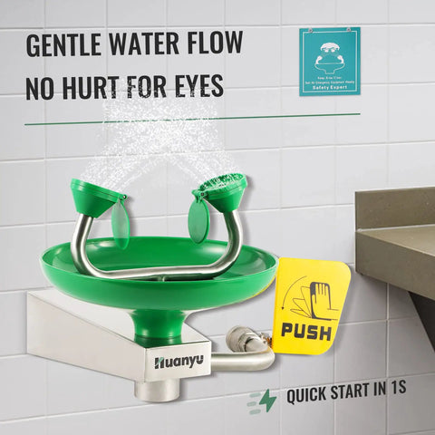 Emergency Wall Mount Eyewash Station OSHA Approved Rugged 304 Stainless Steel Plumbing Eyewash Unit with green bowl