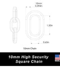 Dead Nuts Reliable 10mm Square Steel Chain Zinc Plated Hardened Metal 10 Feet Long Made In Usa dimensions and design diagram