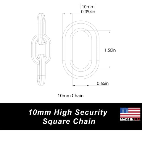 Dead Nuts Reliable 10mm Square Steel Chain Zinc Plated Hardened Metal 10 Feet Long Made In Usa dimensions and design diagram