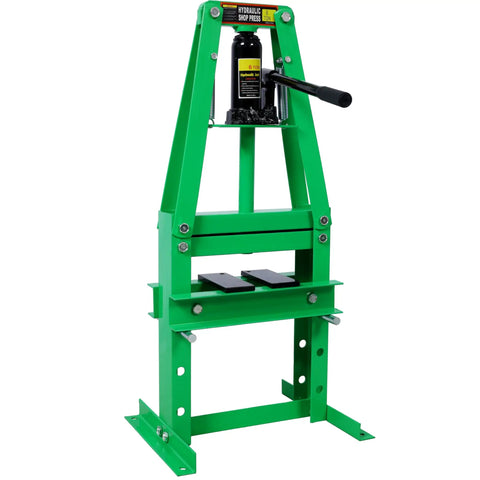 Green 6 Ton H Frame Hydraulic Shop Press With Adjustable Working Table, Plates, And Height for Auto Repair and Maintenance