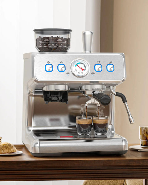 Built Tough 20 Bar Espresso Machine With Burr Grinder And Steam Milk Wand 58 Mm commercial stainless steel coffee maker brewing shots.