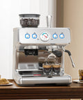 Kickin Home Espresso Maker With Built In Conical Burr Grinder And Fast Steam Wand Milk Frother brewing double shots with fresh coffee.
