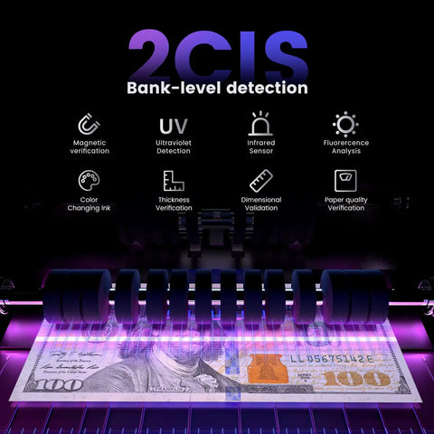 Mixed Denomination Money Counter With Counterfeit Detection showing UV and 2CIS sensors on a $100 bill