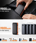 Person placing ultra high capacity solar power bank on the go 49800mAh with 22.5W quick charge and 15W wireless into backpack