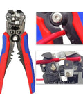 Heavy Duty Automatic Wire Stripper And Cable Cutter Tool Multifunctional Electrician Pliers With Built In Terminal Crimper No Sweat Insulation Removal For Quick Wiring Jobs close-up view showing red and blue padded grips with copper wire.