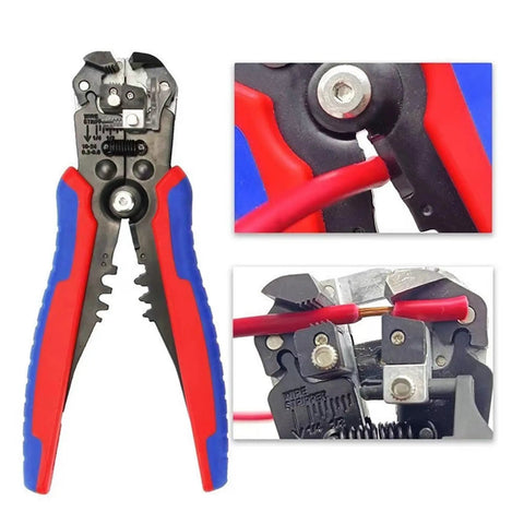Heavy Duty Automatic Wire Stripper And Cable Cutter Tool Multifunctional Electrician Pliers With Built In Terminal Crimper No Sweat Insulation Removal For Quick Wiring Jobs close-up view showing red and blue padded grips with copper wire.