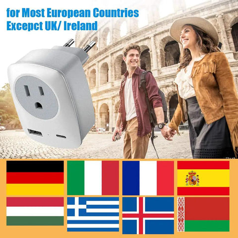 Europe Travel Plug Adapter With USB C Port Not For UK Wall Charger, Worldwide Outlet Converter For Spain France Germany Greece Iceland with travel scene.