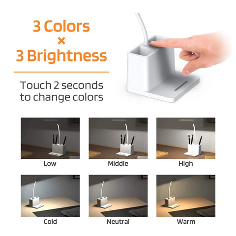 Rechargeable Tiny Desk Lamp With LED Gooseneck, Dimmable Brightness For Dorm Room Or Home Office, White Finish, Compact Pen Holder Desk Light, Ideal For Study Table And Keyboard Use For Kids And Teens