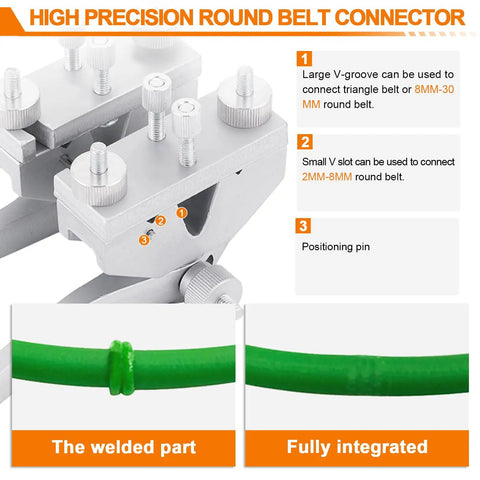 Round Belt Welding Kit With 110V Adjustable Temperature Soldering Iron showing V-groove and welded green belt part close-up