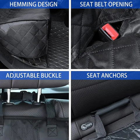 Waterproof Dog Car Seat Cover For Back Seat Universal Nonslip Protector with hemming design, seat belt opening, adjustable buckle, and seat anchors.