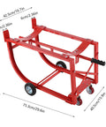 Rock Solid 55 Gallon Drum Cradle Heavy Duty Steel Drum Stand Holds 600 Pounds shown from the side, with measurements and rolling casters.