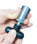 Tough As Nails Spring Loaded Pull Pin With Comfortable Ball Handle Quick Release Steel Plunger Dowel Rod For Machine Tooling And Workshop Rigging Gear Three Eighth Inches Pair held in hand.