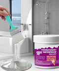 Hella Clear Invisible Waterproof Coating Spray For Walls And Roofs Freaking Tough Crack Leak Sealant No Sweat Barrier with brush in a bathroom.