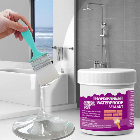 Hella Clear Invisible Waterproof Coating Spray For Walls And Roofs Freaking Tough Crack Leak Sealant No Sweat Barrier with brush in a bathroom.