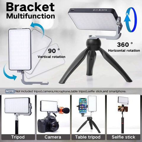 Pro-Grade Pocket RGB LED Video Light With 7200mAh Battery shown with adjustable tripod and rotation angles.