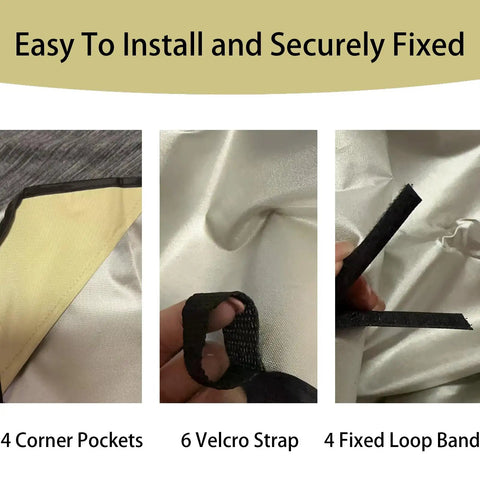 Installation details of Beige Outdoor Swing Canopy Replacement Cover with straps and corner pockets.
