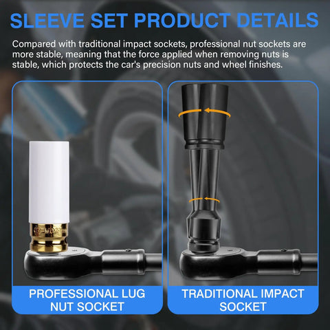 Comparison of professional lug nut socket and traditional impact socket for One Half Drive Deep Metric Impact Socket Set.