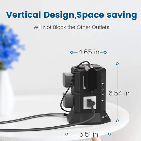 Beefy Power Strip Tower With Eight Outlets And Four USB Ports 3000W 15A Heavy Duty 6.5ft 14 AWG Cord on white table