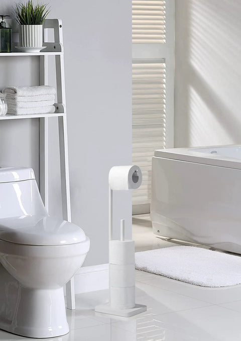 Freestanding Toilet Paper Roll Holder With Reserve Base White Powder Coated Finish Stand for Bathroom, holds three mega rolls.