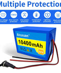 Beefed Up 24V 10.4Ah Lithium Ion Battery Pack With 25.2V 1A Charger featuring multiple protection icons on display