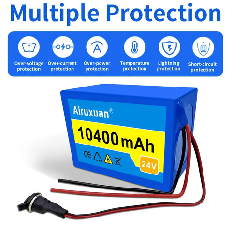 Beefed Up 24V 10.4Ah Lithium Ion Battery Pack With 25.2V 1A Charger featuring multiple protection icons on display