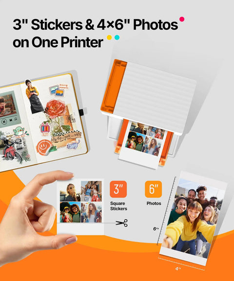 Bluetooth Photo Printer For iPhone Portable Dye Sublimation Printer With Dual Tray Prints 4x6 Photo Paper And 3x3 Sticker Paper Includes 60 Sheets Of 4x6 Paper 20 Sheets Of 3x3 Sticker Paper And 2 Cartridges showing printed photos