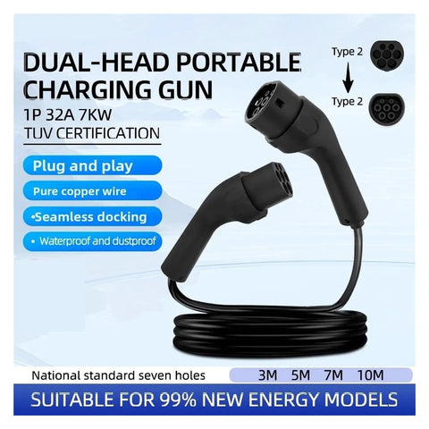 Heavy Duty Top Shelf Type 2 EV Charging Cable 32A 7KW Portable Electric Vehicle Charger Cord with dual-head design.
