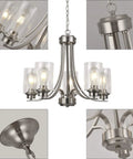 5 Light Brushed Nickel Chandelier With Clear Glass Shades for Dining Room Kitchen Island Foyer detailing finishing and chain