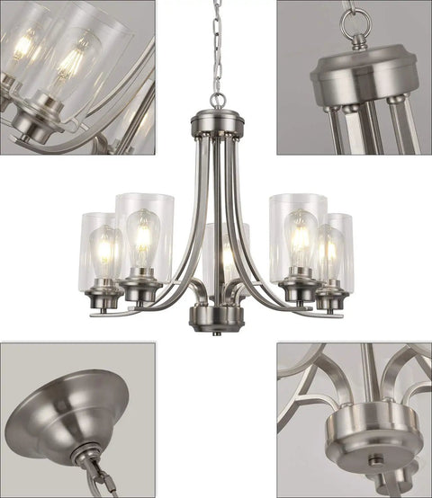 5 Light Brushed Nickel Chandelier With Clear Glass Shades for Dining Room Kitchen Island Foyer detailing finishing and chain