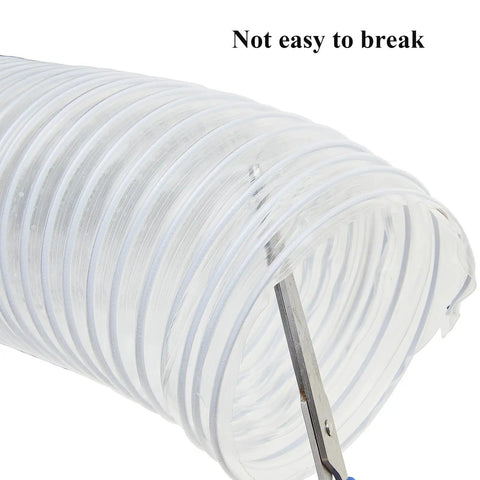 4 Inch 50 Ft Heavy PVC Dust Collection Hose With Clear Flexible PVC Fume Hose, Stainless Steel Wire Coil being cut