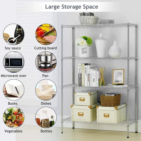 Adjustable Heavy Duty Wire Shelving Rack Four Tier Metal Storage Unit Totally Tool Free Setup Built Tough For Garage And Closet Holds Two Hundred Fifty Pounds Per Shelf Chrome Finish