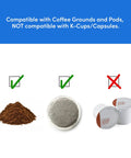 Infographic showing compatibility with coffee grounds and pods, not compatible with K-Cups for Single Serve Coffee Maker With Travel Mug.