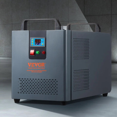 Heavy duty industrial water chiller for CO2 laser cutters, featuring a digital display and streamlined design.