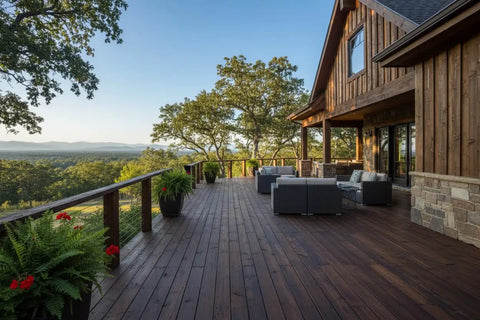 Durable As Nails Reactive Water Based Wood Stain Lays Down A Knockout Warm Brown Finish For Barn Siding Ranch Beams And Deck Projects VOC Free Low Odor Heavy Duty Plus on rustic outdoor patio with mountain view.