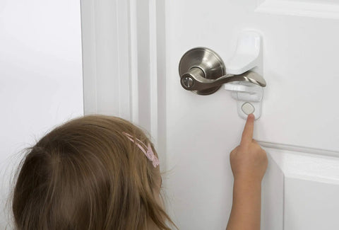 Outsmart Lever Handle Lock 2 Pack White Easy Install Kidproof Door Safety for Lever Handles, Fits Most Levers, door lock in use