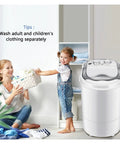 Portable Mini Washing Machine Single Tub Two Kg Capacity Perfect For College Dorms And Small Apartments Featuring Easy Timer Setup, with mom and child doing laundry.