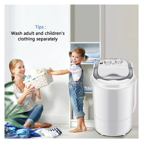 Portable Mini Washing Machine Single Tub Two Kg Capacity Perfect For College Dorms And Small Apartments Featuring Easy Timer Setup, with mom and child doing laundry.