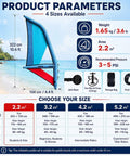 Inflatable Hydrofoil Board For Kite Surfing And Wing Foil Activities With 2.2m Window, size chart and product specs on beach