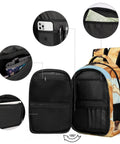 Open view of Bone Tag Golden Dog Printed Backpack showing interior pockets, compartments, and design details.