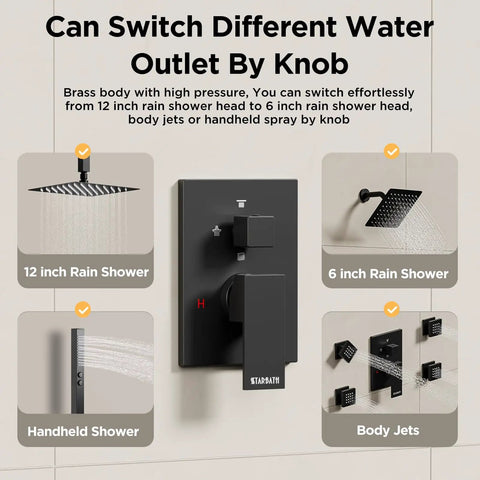 Straight Up Premium Matte Black Shower System With Ceiling Rainfall Head And Handheld Sprayer Plus Four Body Jets Built Tough For Smooth Water Flow And Real Spa Vibes Everywhere