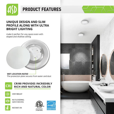 Close-up of 4 Inch LED Flush Mount Ceiling Light showing brushed nickel finish and wet rated feature.