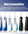 Replacement Charger Cord For Water Flosser WP360 WP450 WP462 And WP400 Series YLA03010 With Two Prong Connector shown with compatible flossers.