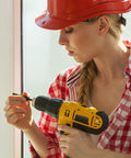 Person using a drill with a Self Centering Hinge Drill Bit Set 3 Pc With 5mm And One Quarter Inch Hex Shank Bits for windows by MorningRo