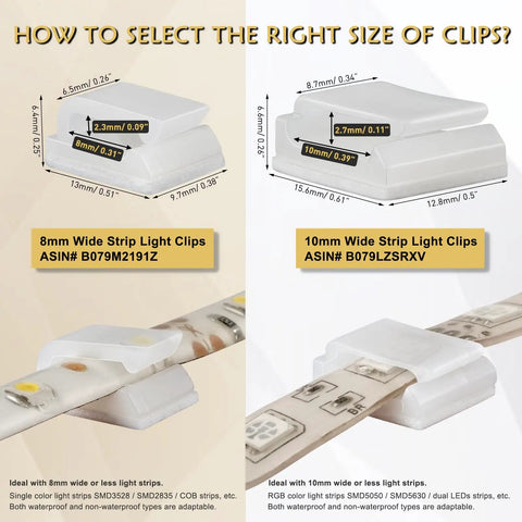 Diagram showing Self Adhesive LED Strip Mounting Clips Pack Of 100 For 8mm 10mm And 12mm Light Strips in two sizes.