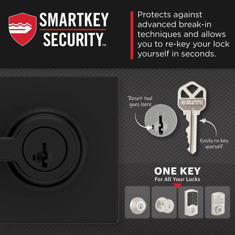 Keyed Entry Door Handle With Lock And Key, Reversible Exterior Lever, SmartKey Security diagram with key and lock illustrations.