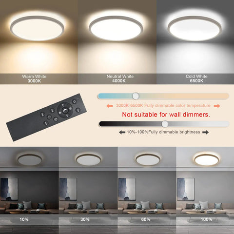 Flush Mount LED Ceiling Light With Remote Control, 12 Inch Ultra Thin Round 25W RGB Color Changing Fixture showing dimmable colors